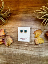 Load image into Gallery viewer, Zuni-Made Kingman Turquoise Square Stud Earrings by Davis Kaamasee – Sterling Silver