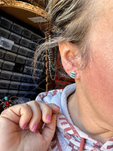 Load image into Gallery viewer, Zuni-Made Kingman Turquoise Square Stud Earrings by Davis Kaamasee – Sterling Silver