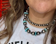 Load image into Gallery viewer, 17-Inch Statement Necklace with 16mm Sterling Pearls & Blue Turquoise Heish