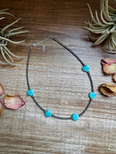 Load image into Gallery viewer, 15-Inch Peruvian Amazonite Heart Necklace – 5 Hearts, Handmade with Sterling Silver Pearls