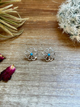 Load image into Gallery viewer, Zuni Cluster Earrings – Small Turquoise Flower in Sterling Silver
