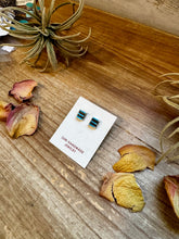 Load image into Gallery viewer, Zuni-Made Kingman Turquoise Square Stud Earrings by Davis Kaamasee – Sterling Silver
