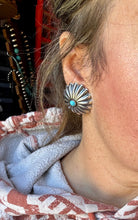 Load image into Gallery viewer, Large Sterling Silver Concho Earrings with Kingman Turquoise – Made in the USA
