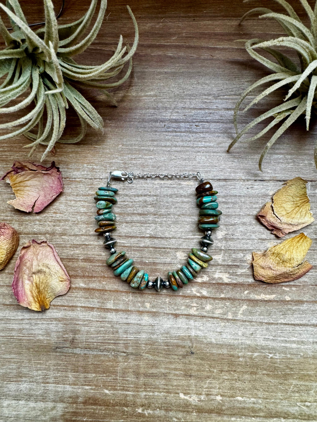 Green Turquoise Chip Bracelet with Sterling Silver Saucers & Chain