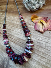 Load image into Gallery viewer, 22 Inch graduated necklace more purple spiny, turquoise  and sterling silver pearls

