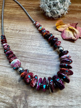 Load image into Gallery viewer, 22 Inch graduated necklace more purple spiny, turquoise  and sterling silver pearls
