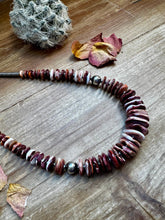 Load image into Gallery viewer, 22 Inch graduated necklace more purple and orange spiny and sterling silver pearls
