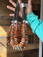 Load image into Gallery viewer, 22 Inch orange spiny, turquoise and sterling silver pearls
