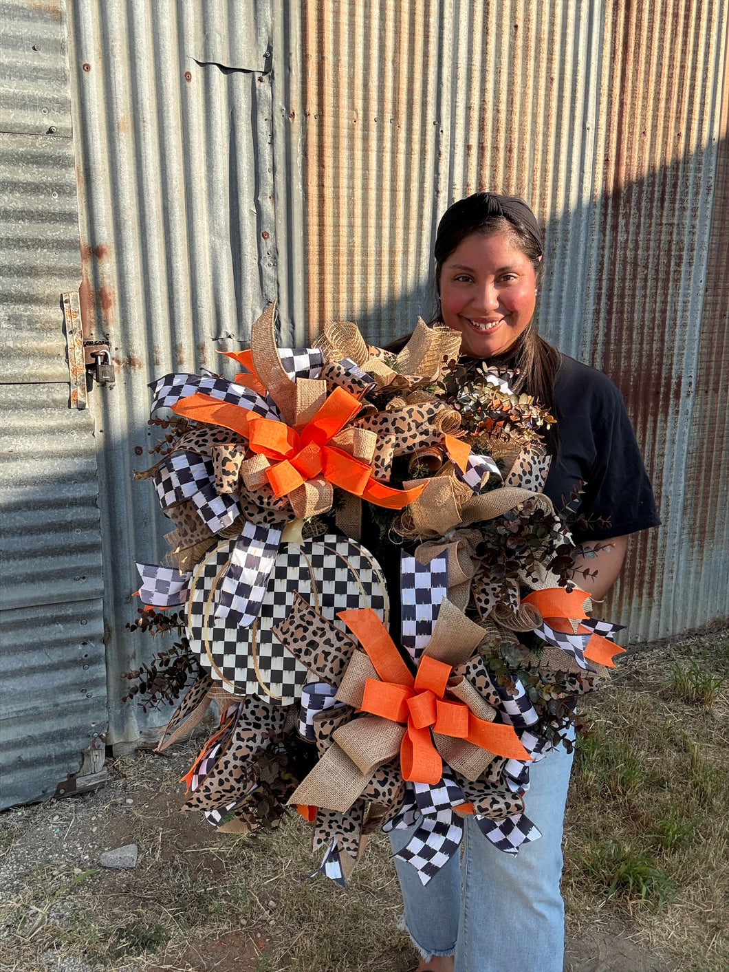 Checkered Print Pumpkin Lux Fall Wreath
