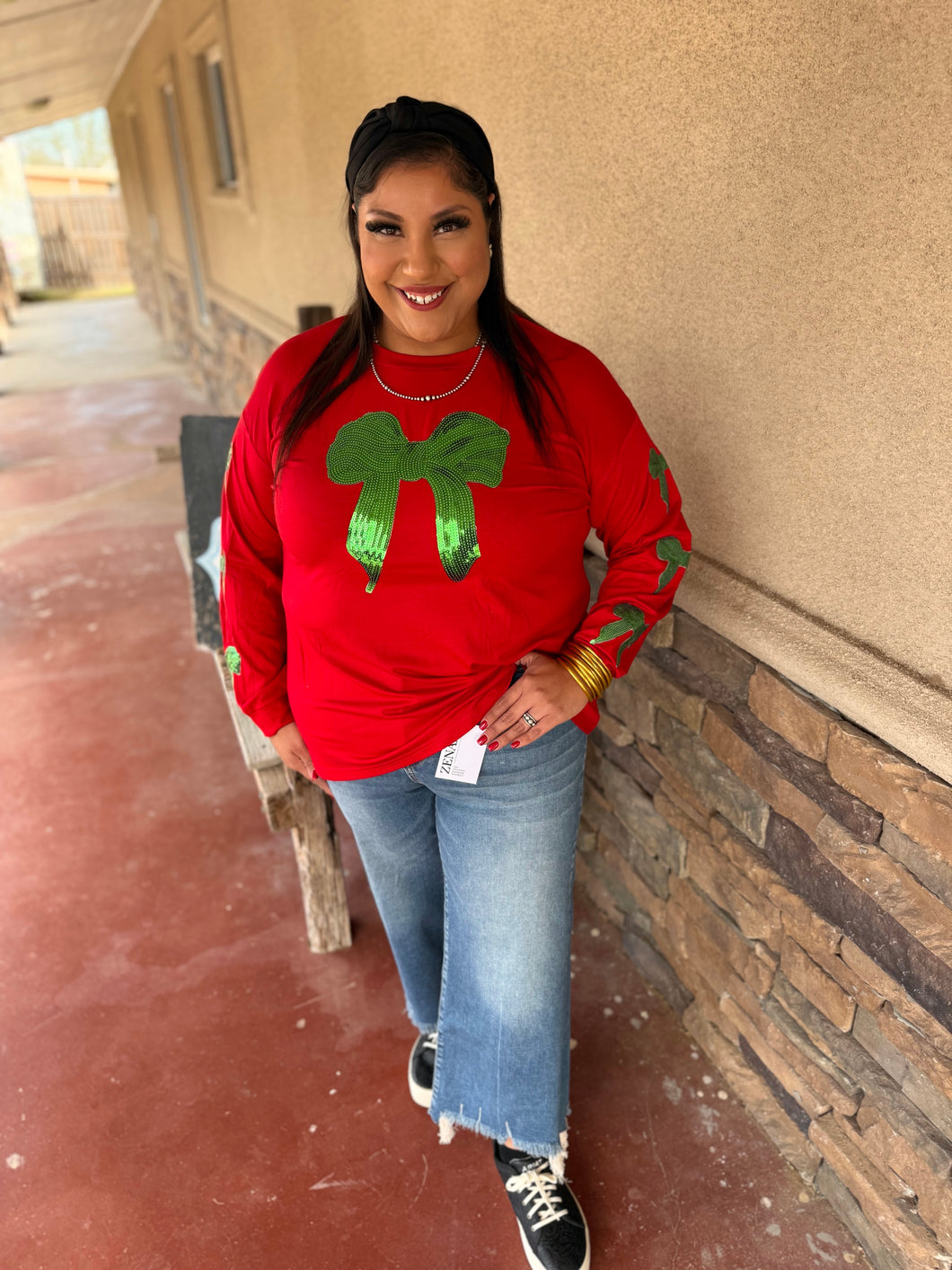 THE SEQUIN BOW L/S TOP