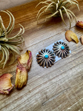 Load image into Gallery viewer, Large Sterling Silver Concho Earrings with Kingman Turquoise – Made in the USA
