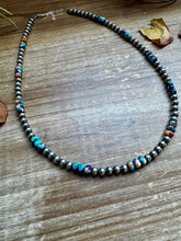 Load image into Gallery viewer, 18 Inch 5 mm sterling silver pearls necklace with RARE Lapis mix with spiny &amp; turquoise rondelle beads
