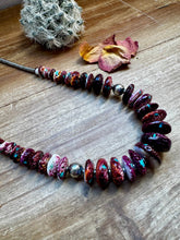 Load image into Gallery viewer, 22 Inch graduated necklace more purple spiny, turquoise  and sterling silver pearls
