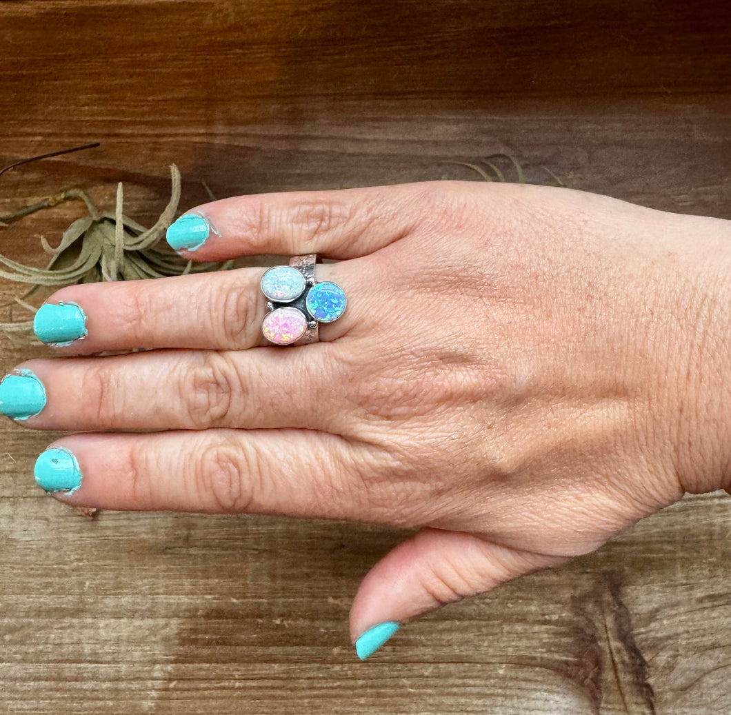 Adjustable Opal Ring – White, Blue & Pink Opal in Sterling Silver