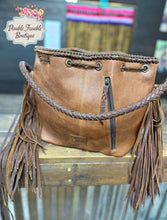 Load image into Gallery viewer, TURQUOISE TRAIL FRINGE BUCKET BAG
