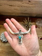 Load image into Gallery viewer, Antler longhorn with  turquoise pendant
