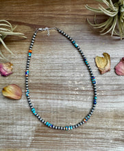 Load image into Gallery viewer, 18 Inch 5 mm sterling silver pearls necklace with RARE Lapis mix with spiny &amp; turquoise rondelle beads
