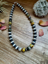 Load image into Gallery viewer, 18 inch 12 mm Sterling Silver Pearls necklace &amp; bumblebee jasper beads
