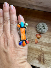 Load image into Gallery viewer, Long Ring- Size 4 1/2 - mix stone turquoise, spiny and sterling silver

