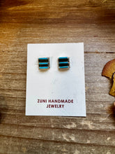 Load image into Gallery viewer, Zuni-Made Kingman Turquoise Square Stud Earrings by Davis Kaamasee – Sterling Silver
