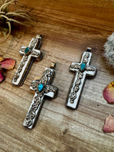 Load image into Gallery viewer, Antler Cross Pendant With Turquoise On Silver Brass
