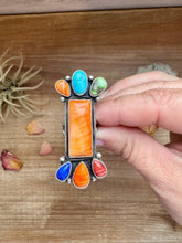 Load image into Gallery viewer, Long Ring- Size 4 1/2 - mix stone turquoise, spiny and sterling silver
