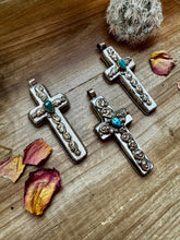 Load image into Gallery viewer, Antler Cross Pendant With Turquoise On Silver Brass
