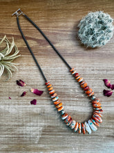 Load image into Gallery viewer, 22 Inch orange spiny, turquoise and sterling silver pearls
