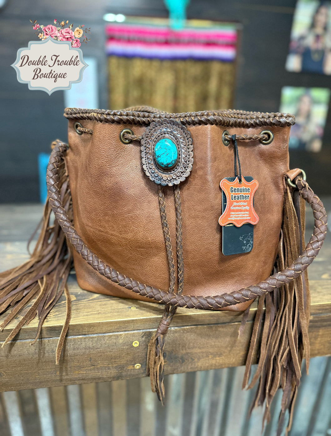 TURQUOISE TRAIL FRINGE BUCKET BAG