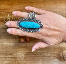Load image into Gallery viewer, Long Ring- size 9 - Kingman Turquoise ring &amp; Sterling Silver
