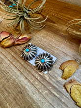 Load image into Gallery viewer, Large Sterling Silver Concho Earrings with Kingman Turquoise – Made in the USA
