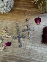 Load image into Gallery viewer, Cross earrings with 6 mm sterling silvers pearls
