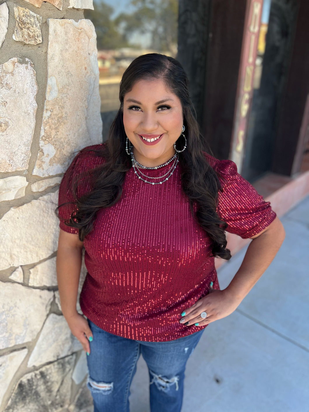 Back To Work Sequin Top - Maroon