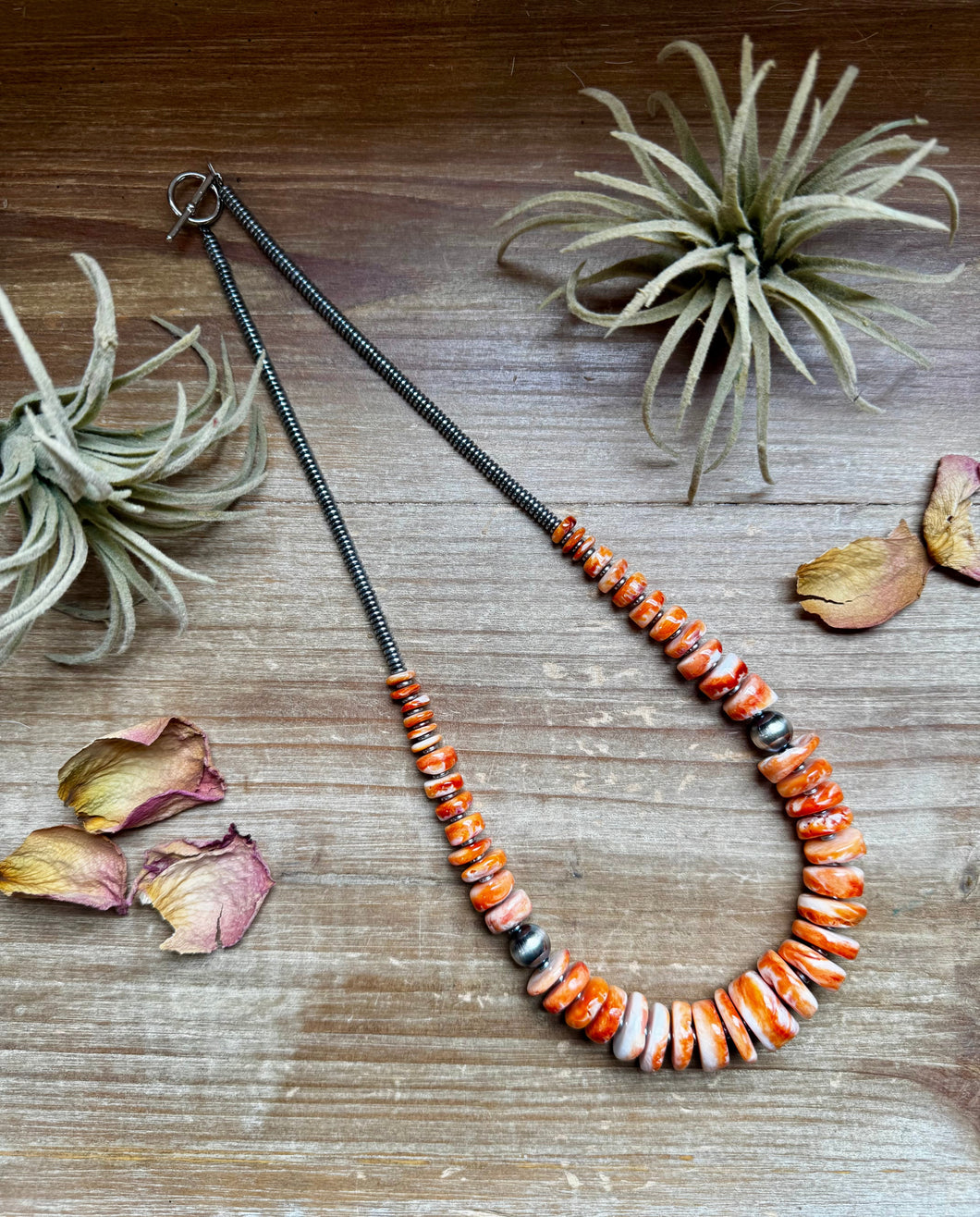 22 inch graduated orange spiny necklace with Sterling silver pearls