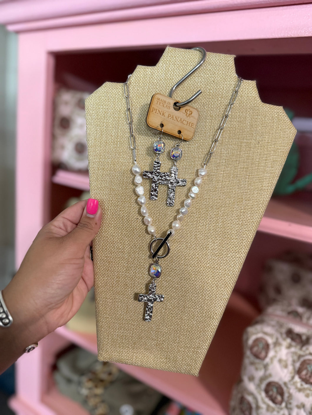 Pink Panache Pearl & Silver Cross Set