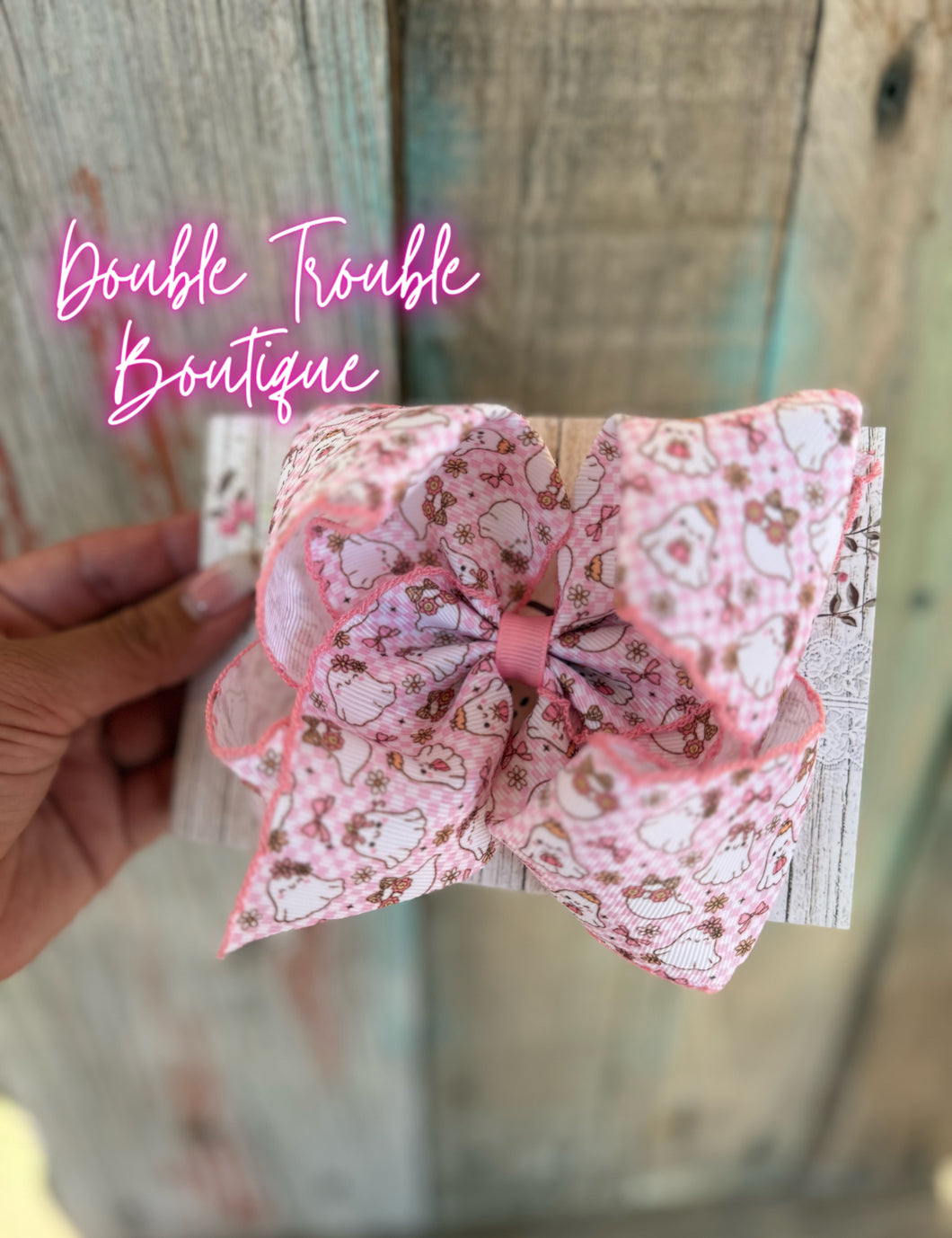 PINK CHECKER GHOST PRINTED BOW- 5 INCH