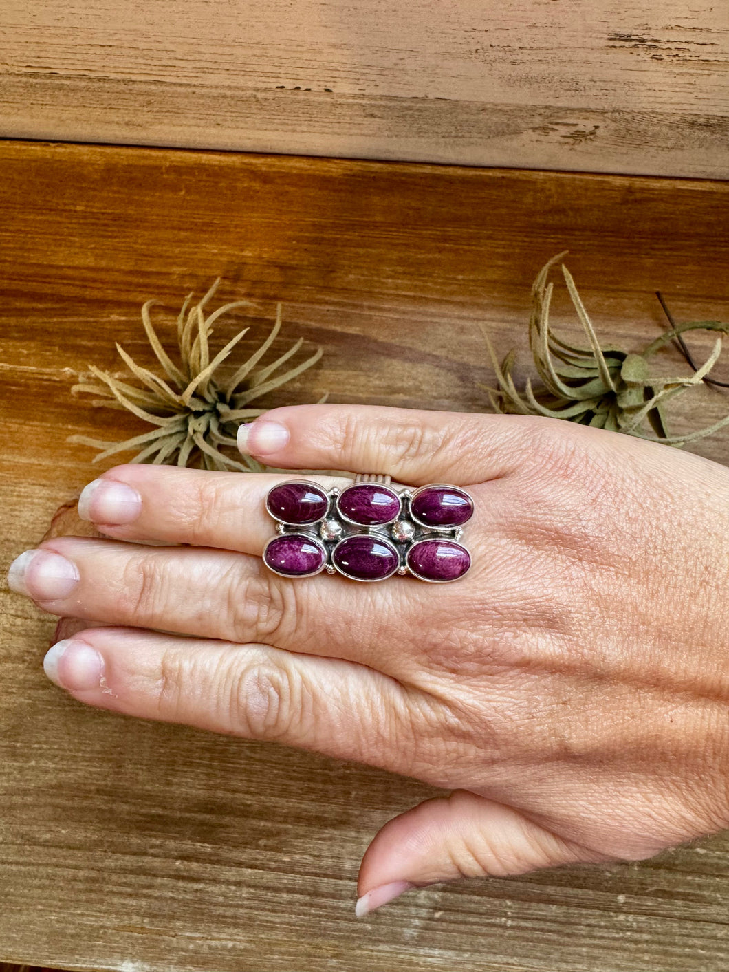 6-Stone Purple Spiny Oyster Ring – Size 8, Big Band, USA Made