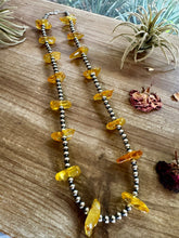 Load image into Gallery viewer, 26 inch sterling silver pearls necklace with yellow amber beads
