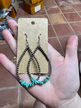 Load image into Gallery viewer, 3 mm Sterling Silver Pearls earrings teardrop with real turquoise chips
