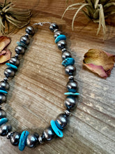 Load image into Gallery viewer, 17-Inch Statement Necklace with 16mm Sterling Pearls &amp; Blue Turquoise Heish
