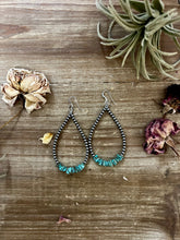 Load image into Gallery viewer, 3 mm Sterling Silver Pearls earrings teardrop with real turquoise chips
