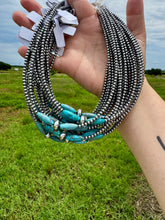 Load image into Gallery viewer, 15-Inch Sterling Silver Pearl &amp; Blue Turquoise Torpedo Choker
