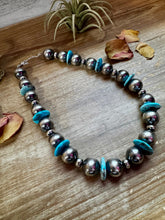 Load image into Gallery viewer, 17-Inch Statement Necklace with 16mm Sterling Pearls &amp; Blue Turquoise Heish
