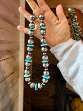 Load image into Gallery viewer, 17-Inch Statement Necklace with 16mm Sterling Pearls &amp; Blue Turquoise Heish
