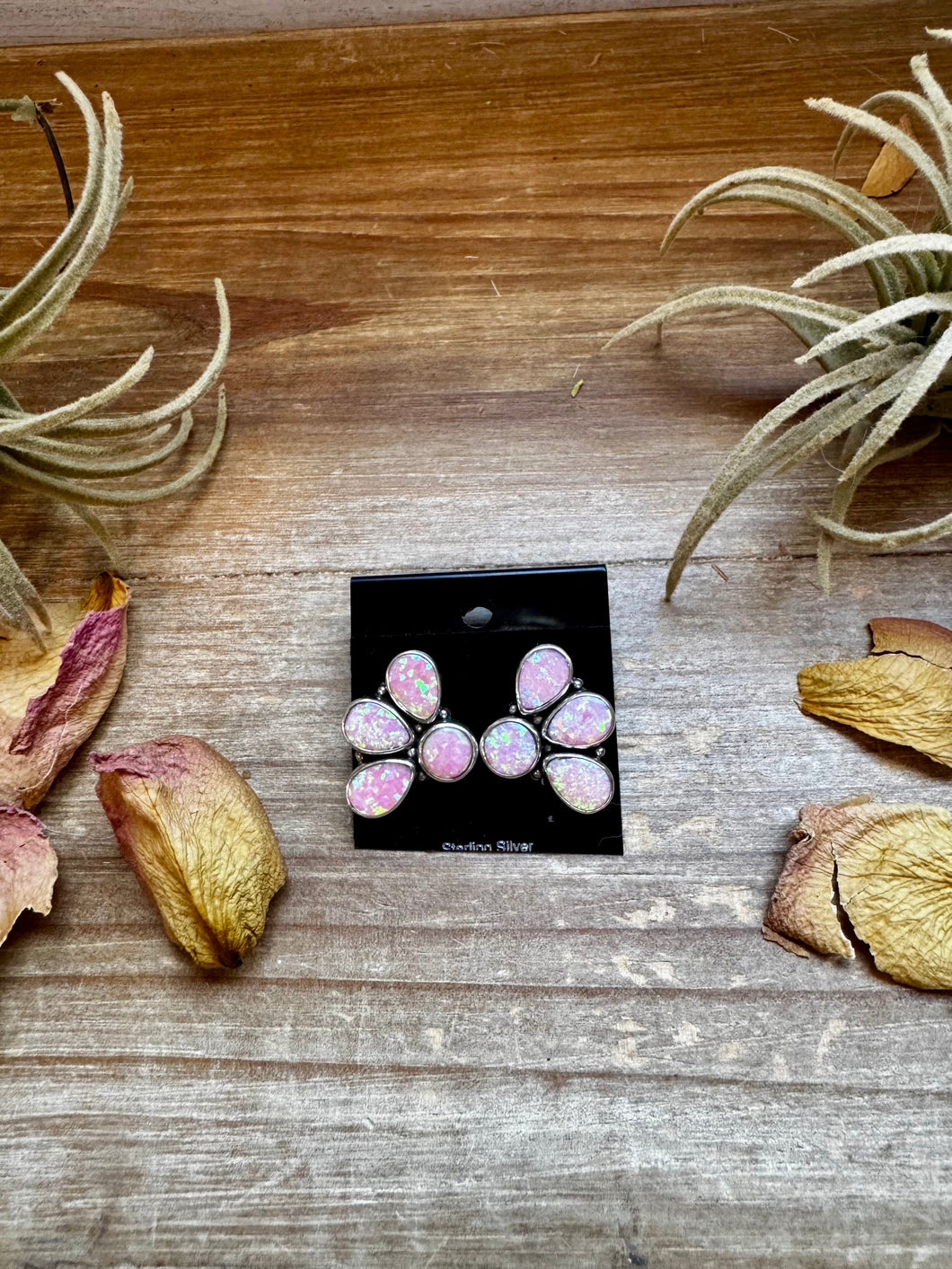 Pink Opal Half-Cluster Stud Earrings – Sterling Silver, Limited Pairs