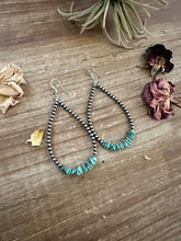 Load image into Gallery viewer, 3 mm Sterling Silver Pearls earrings teardrop with real turquoise chips
