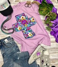 Load image into Gallery viewer, PURPLE FLORAL CROSS TEE
