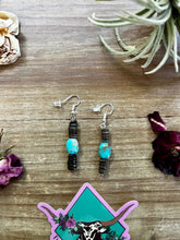 Load image into Gallery viewer, Green turquoise dangle earrings with brown shell
